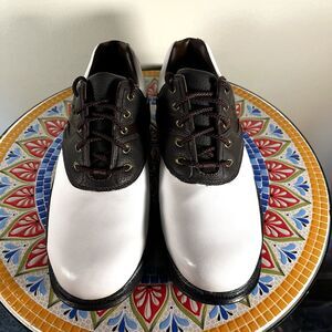 Footjoy GreenJoys Mens Sz 9 M Brown White Leather Golf Spikes Shoes 45587